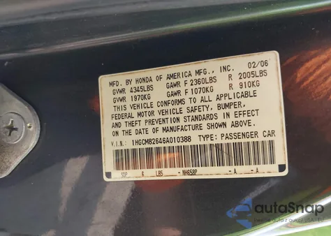 2006 Honda Accord 3.0 Ex z USA, uszkodzony, nr VIN 1HGCM82646A010388